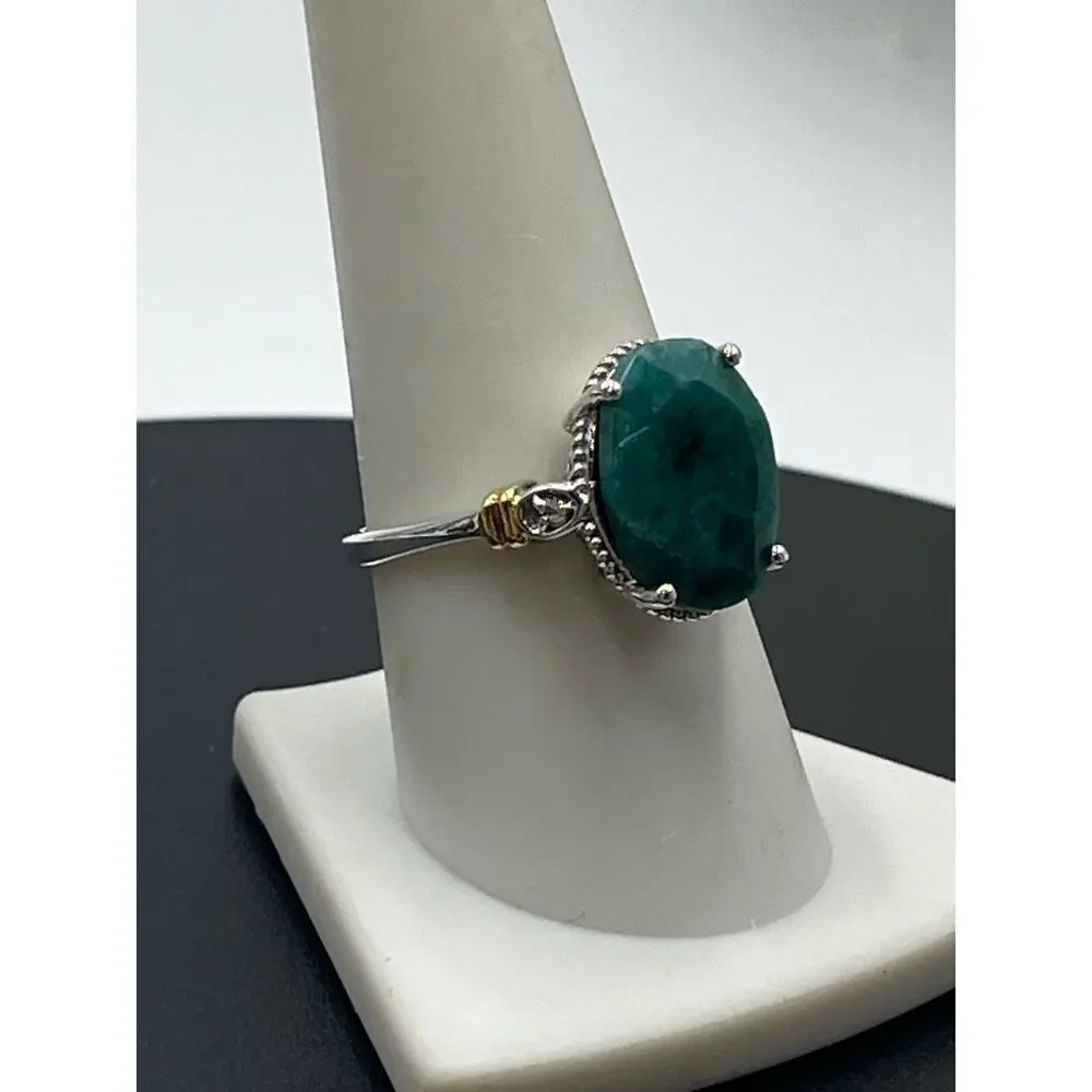 Designer Signed Sterling 925 India YS Natural Green Faceted Prong Beryl Ring‎ 9